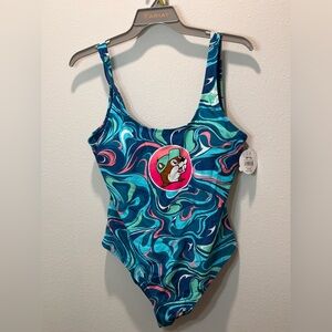 Buc-ees Beaver One Piece Swimsuit‎ Womens XL Blue Swirl Bucees Bathing Sui…